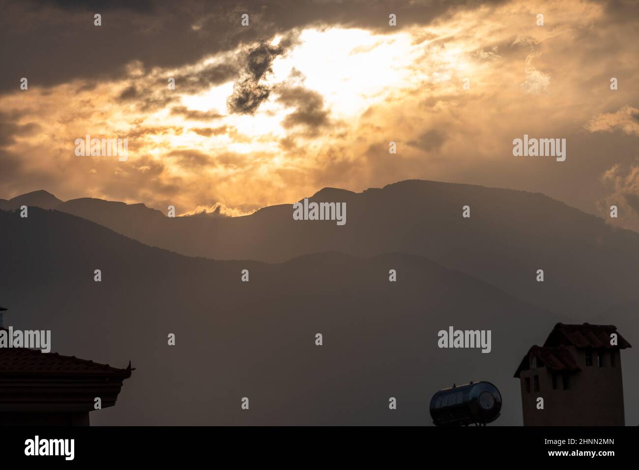 View of Mt Olympus from Leptokarya town Stock Photo