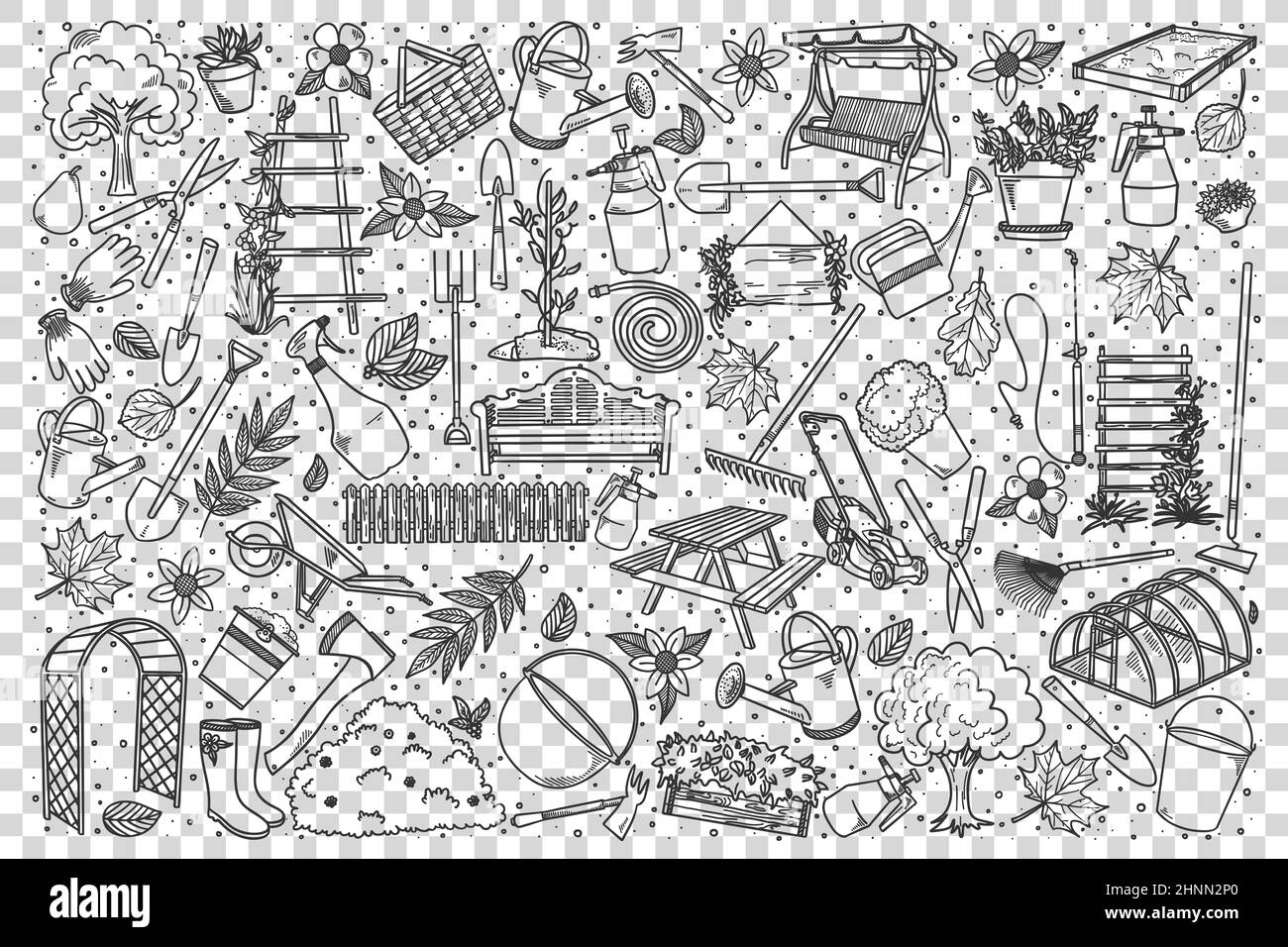 Gardening doodle set. Collection of hand drawn patterns templates of various tools equipment and facilities for garden or farming and agriculture. Fre Stock Photo