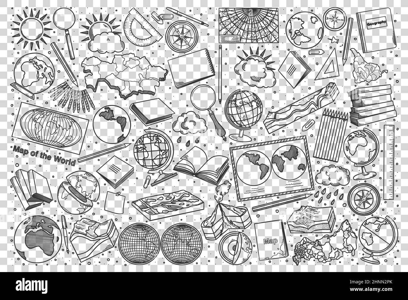 Geography doodle set. Collection of hand drawn sketches templates patterns of geographical equipment globes world maps and terrain mockups on transpar Stock Photo