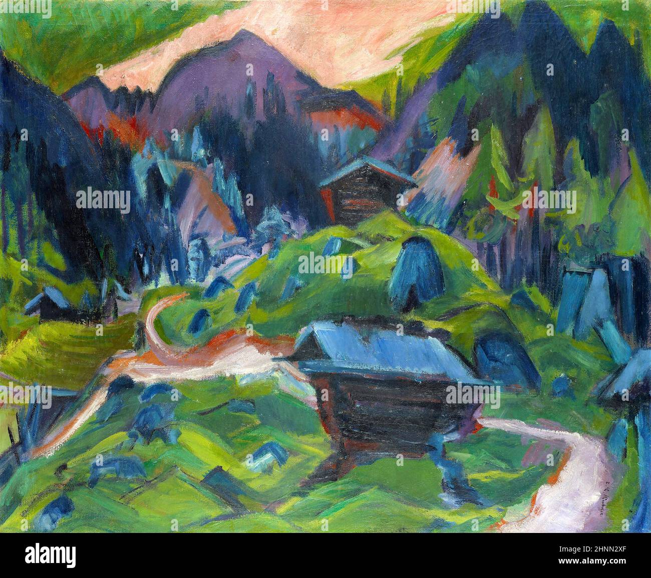 Kummeralp Mountain and Two Sheds by Ernst Ludwig Kirchner (1880-1938), oil and encaustic on canvas, 1920 Stock Photo