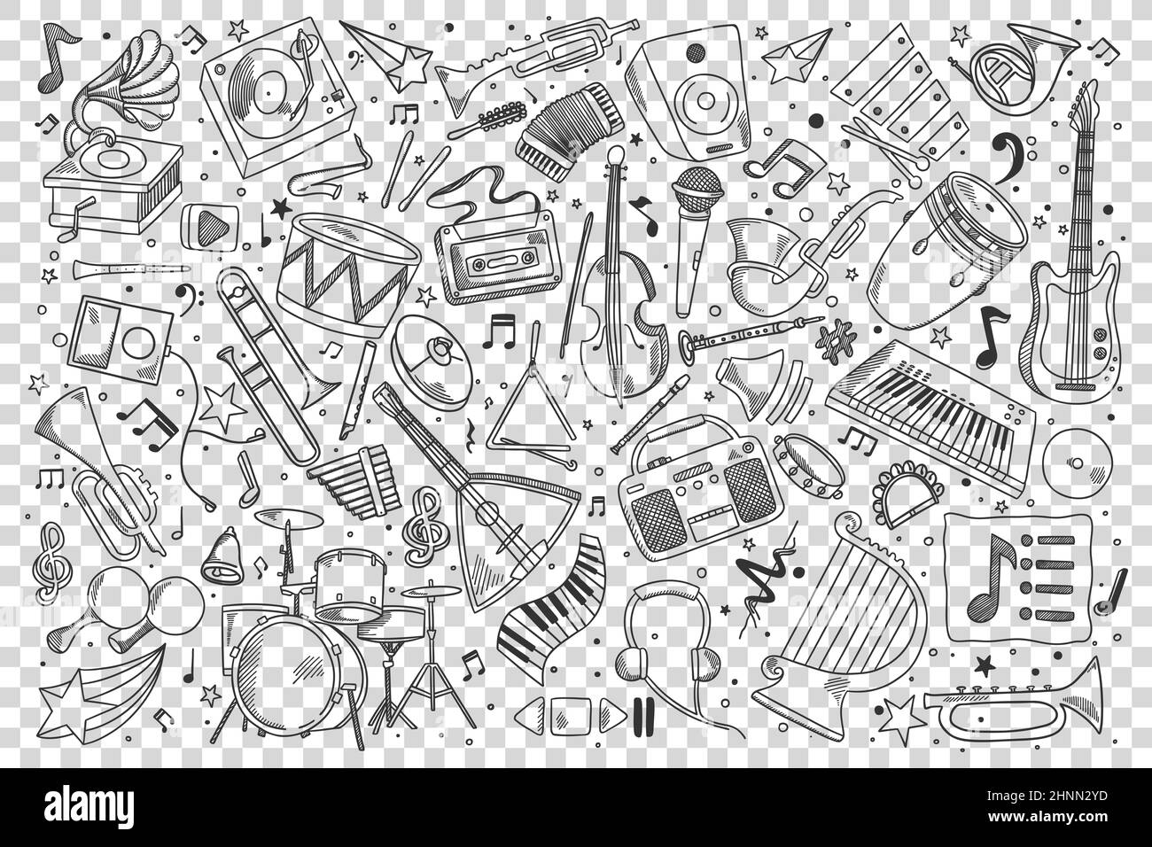 Music doodle set. Collection of hand drawn sketches templates drawing