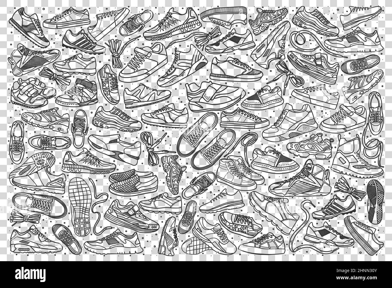 Sneakers doodle set. Collection of hand drawn sketches templates