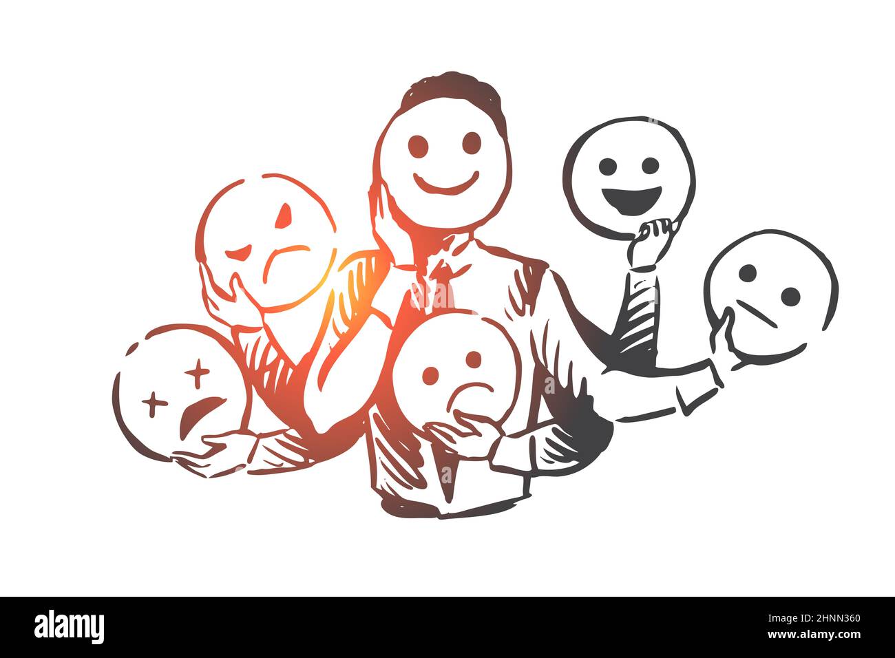 Person, emotions, mask, face, mood concept. Hand drawn person changes