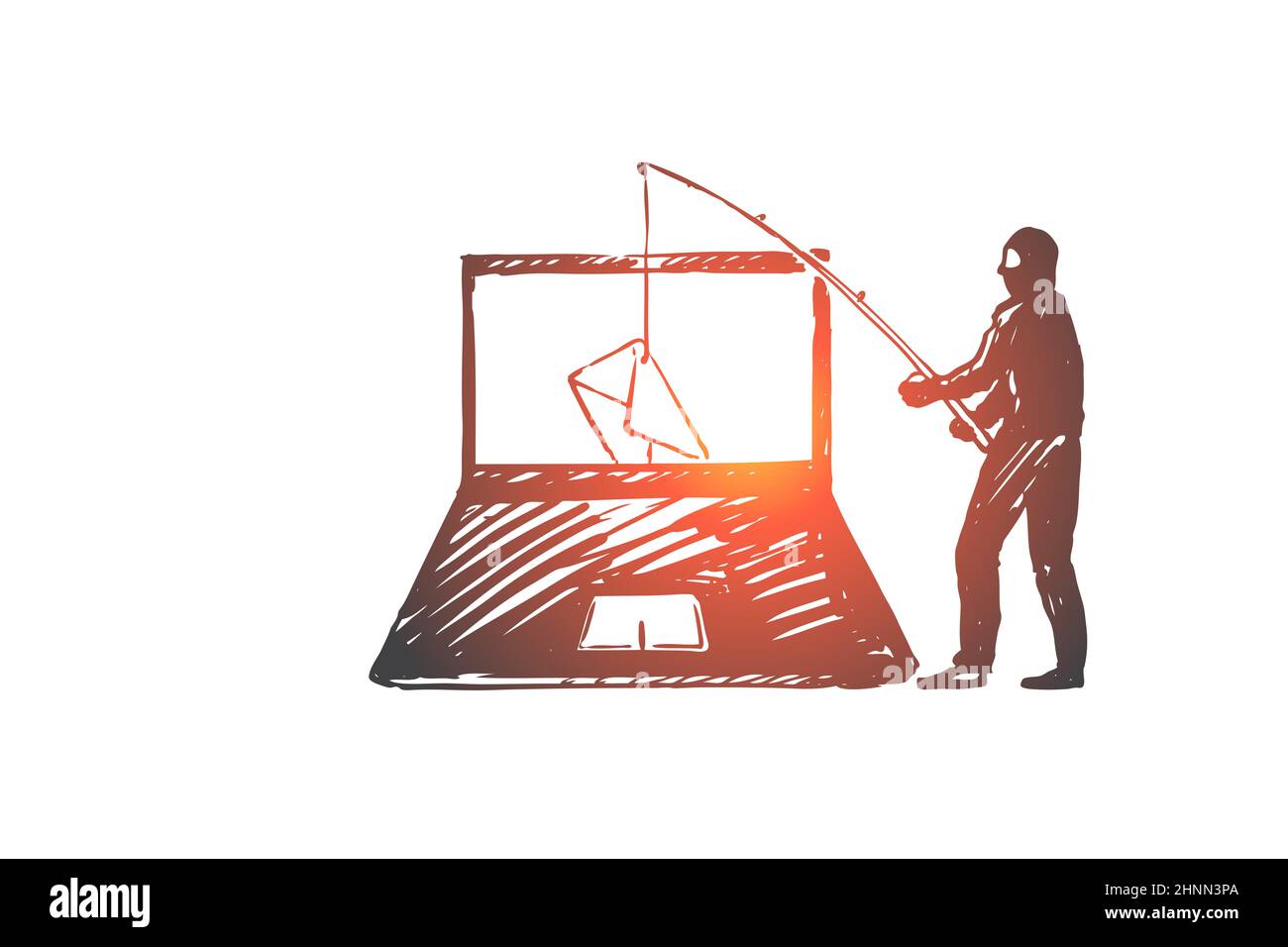 DLP, espionage, virus, penetration, dangers concept. Hand drawn hacker breaks mail on the computer concept sketch. Isolated vector illustration. Stock Photo