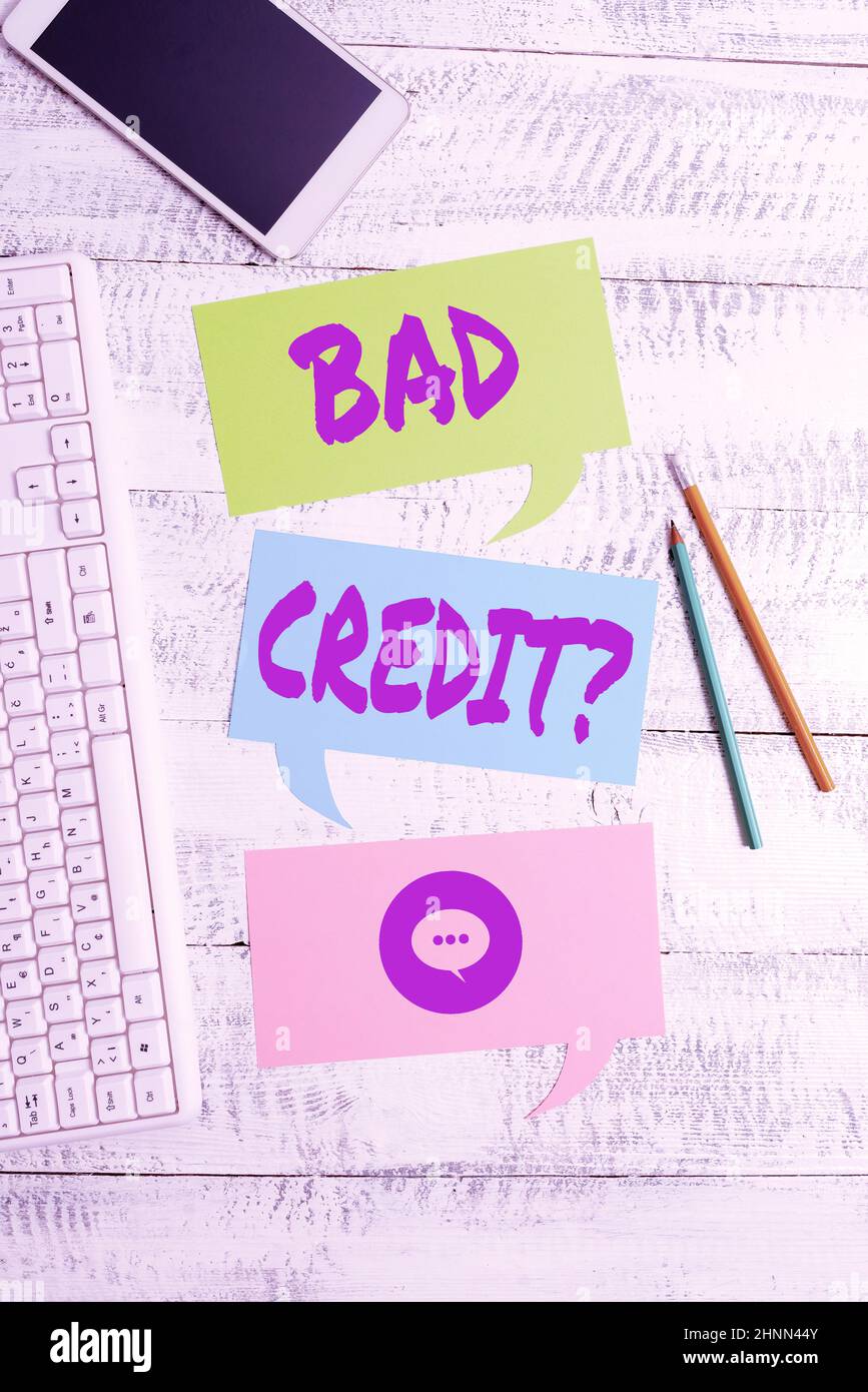 Text caption presenting Bad Creditquestion. Business concept inabilityof a person to repay a debt on time and in full New Business Planning And Research Ideas, Writing Important Notes Stock Photo