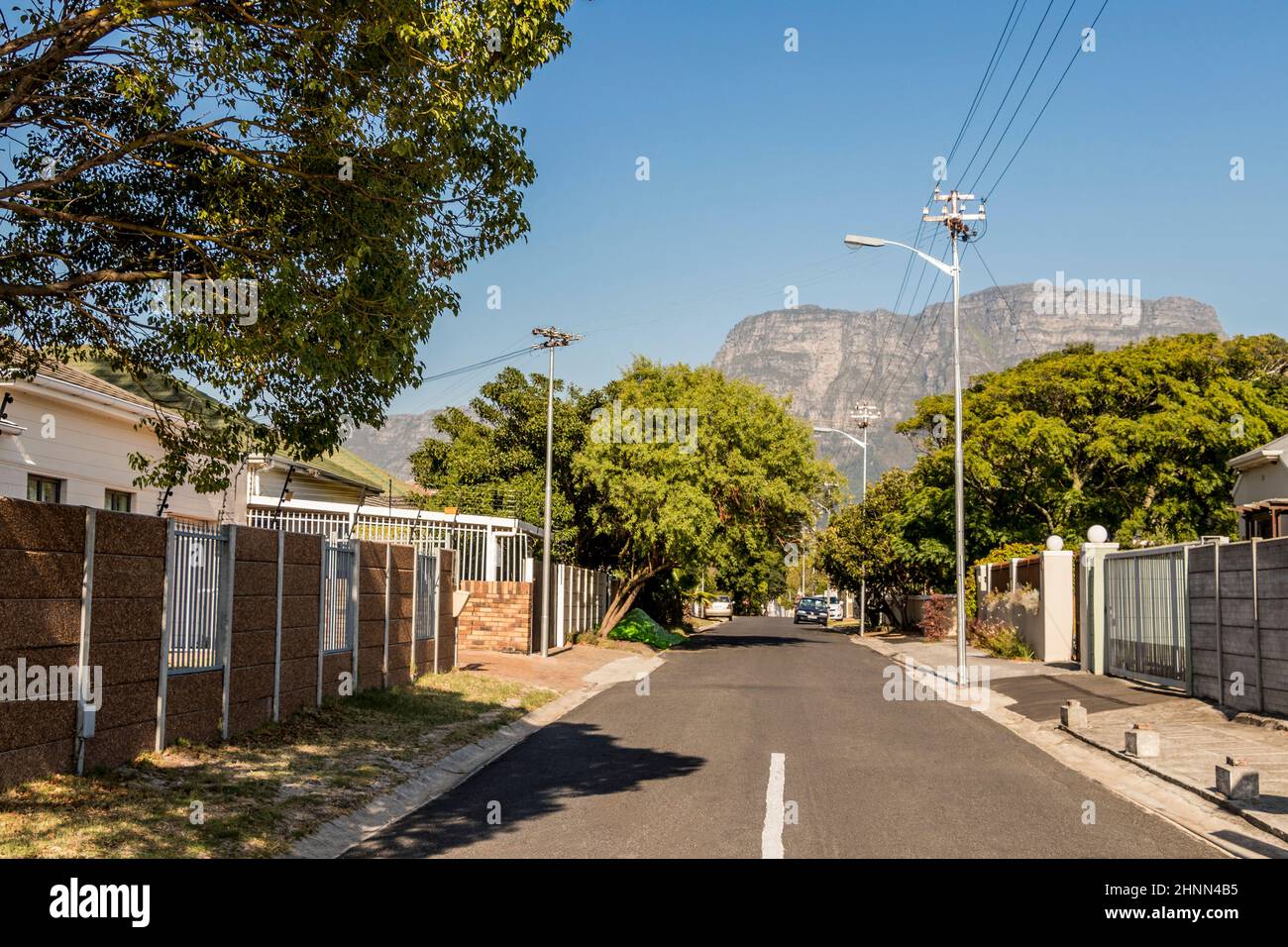 Street in Claremont, Cape Town, South Africa. Panorama Table Mountains. Stock Photo