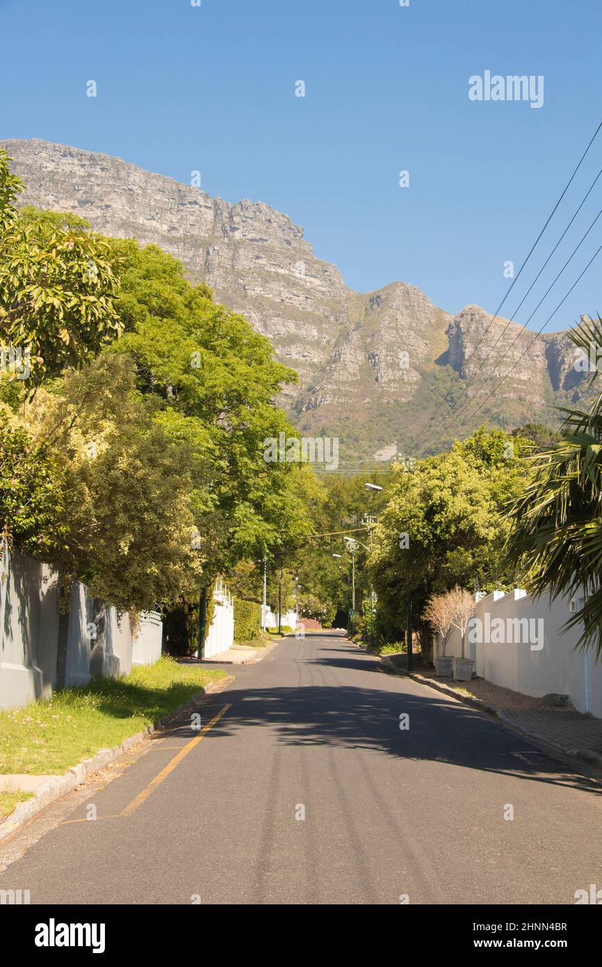 Street in Claremont, Cape Town, South Africa. Panorama Table Mountains. Stock Photo