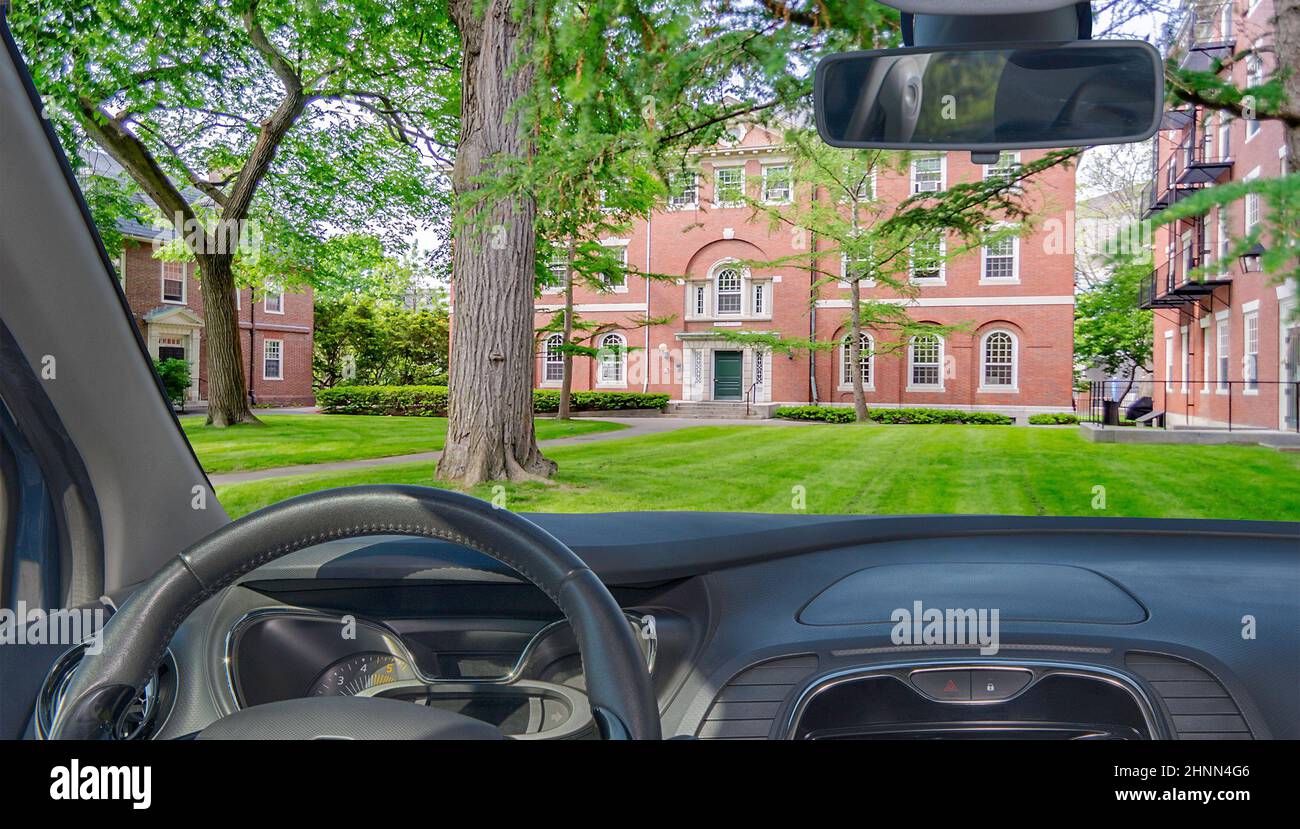 Car windshield view of the Harvard University Campus, Cambridge, USA