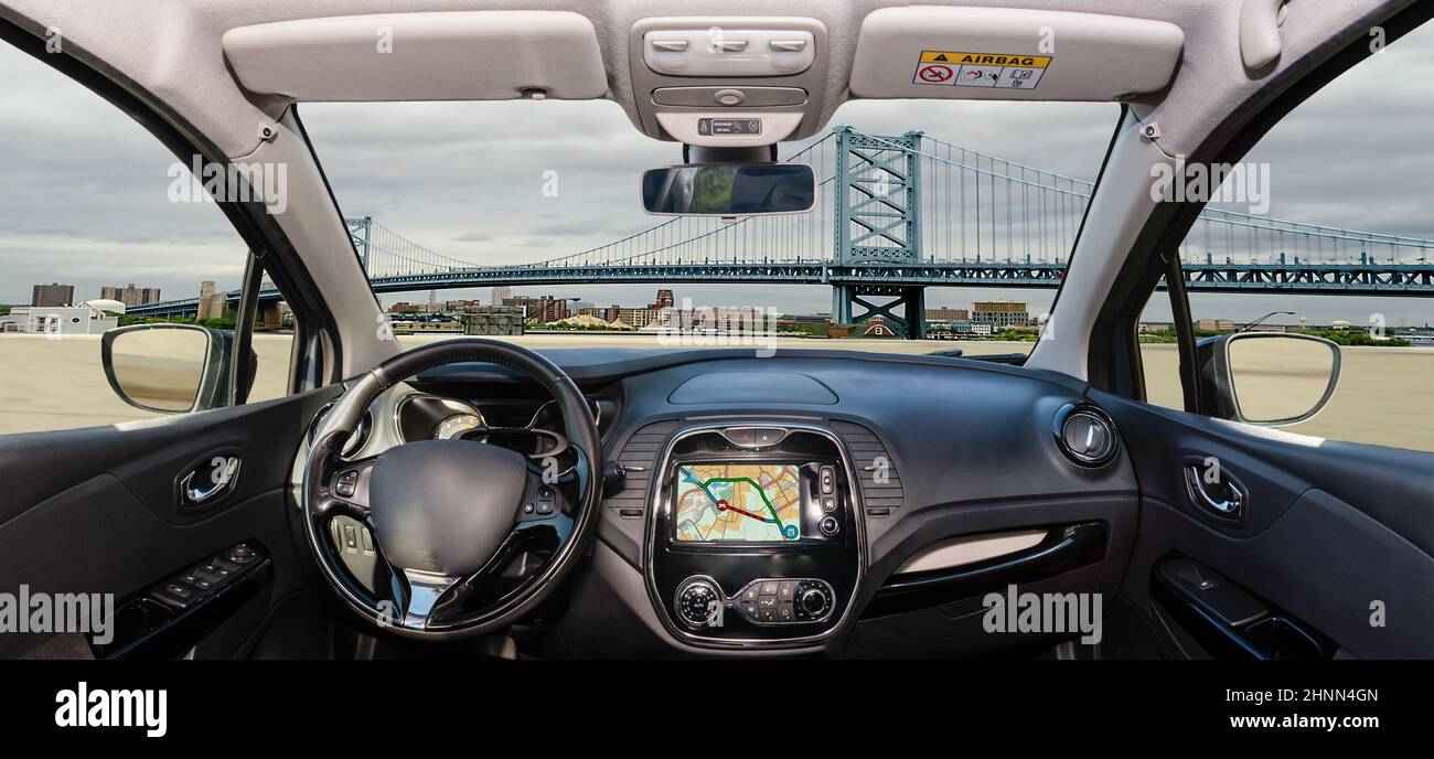Car windshield view of Benjamin Franklin Bridge, Philadelphia