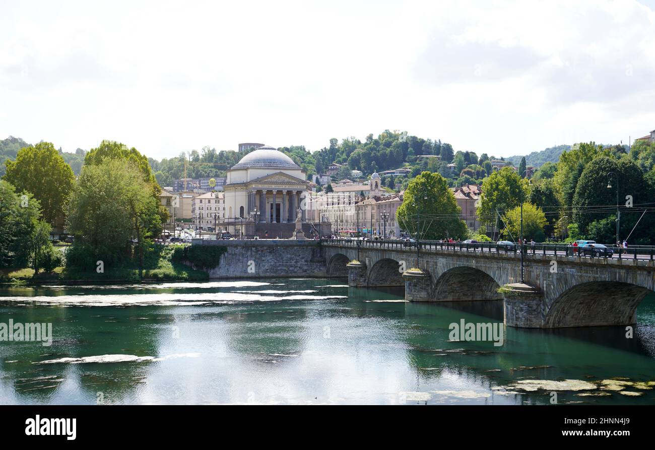 TURIN, ITALY - AUGUST 18, 2021: Po River with the bridge leading to Gran Madre di Dio church, Turin, Italy Stock Photo