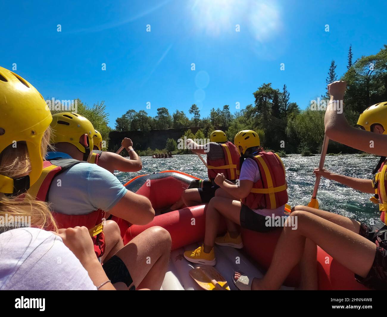 Water rafting on the rapids of river Manavgat in Koprulu Canyon, Turkey. Stock Photo