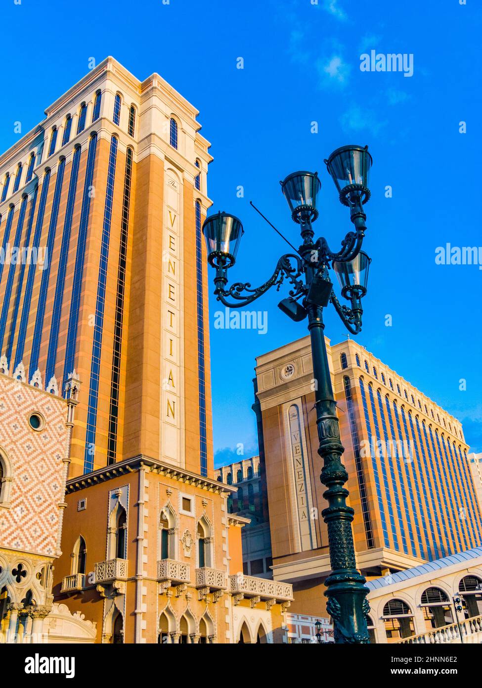 The Venetian Resort Hotel & Casino The resort opened on May 3, 1999 with flutter of white doves, sounding trumpets, singing gondoliers and actress Sophia Loren Stock Photo