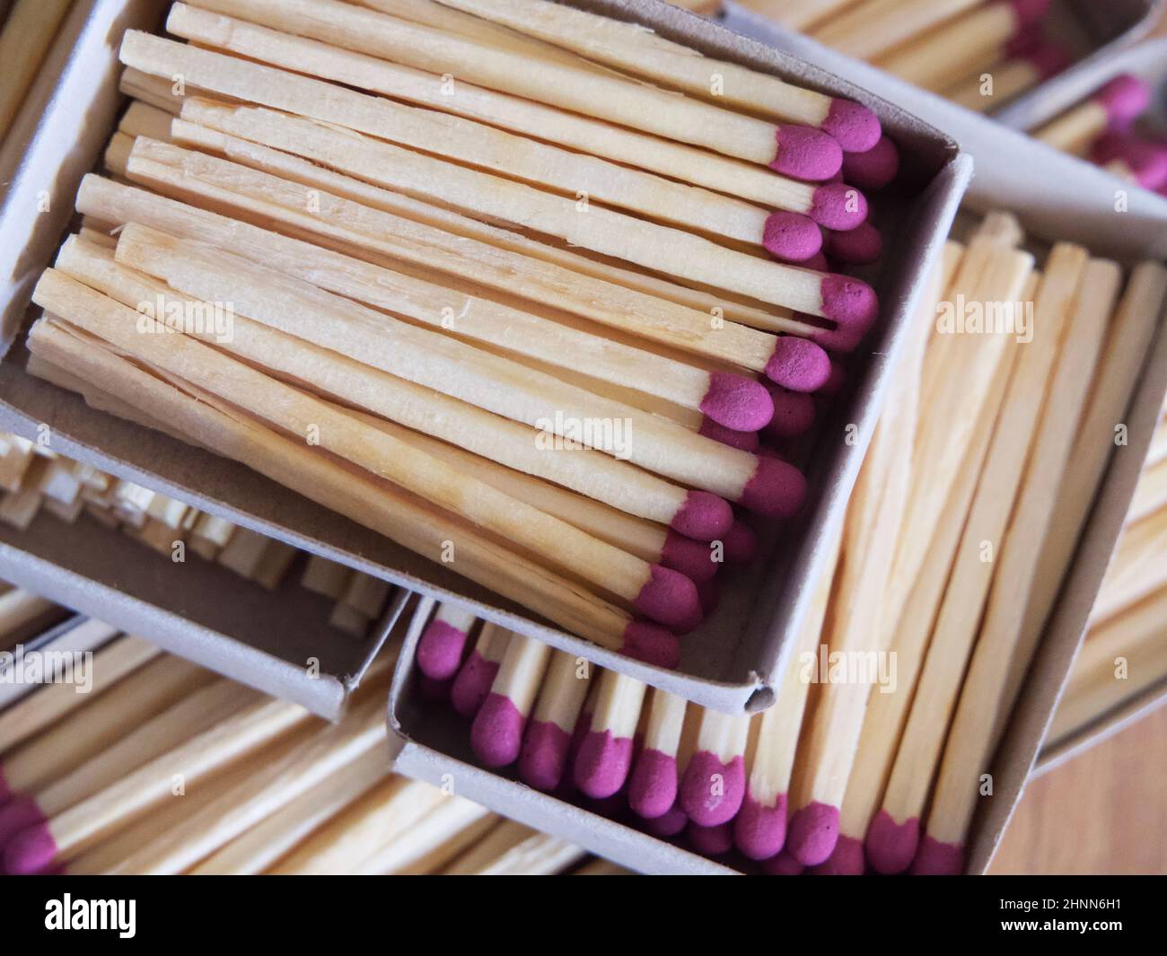Several boxes filled with matches, a close-up shot. Matchboxes. Stock Photo
