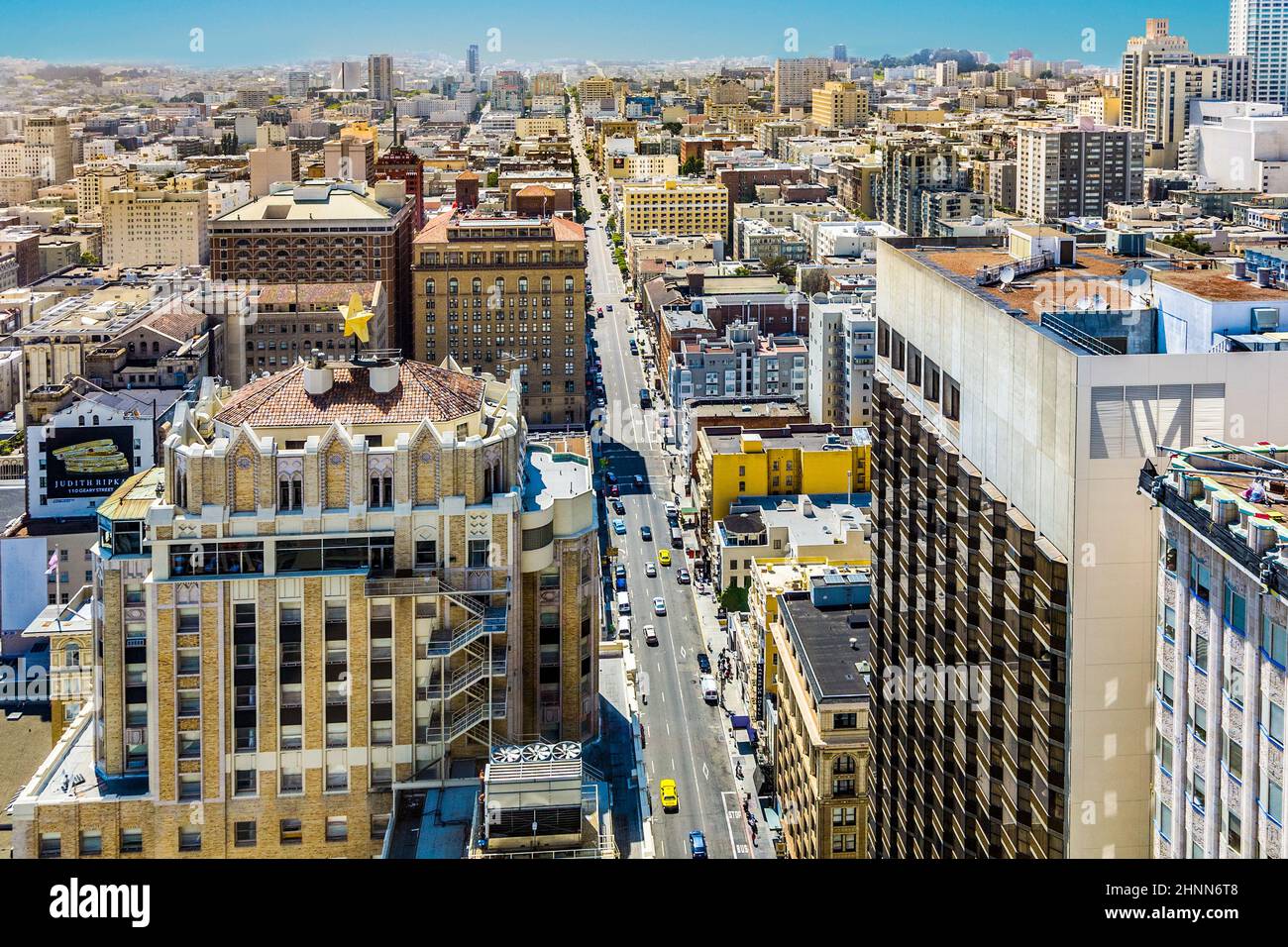 view from the rooftop to the city of San Francisco in San Francisco, USA. The city is the site of over 410 high-rises,44 of which stand taller than 400 feet Stock Photo