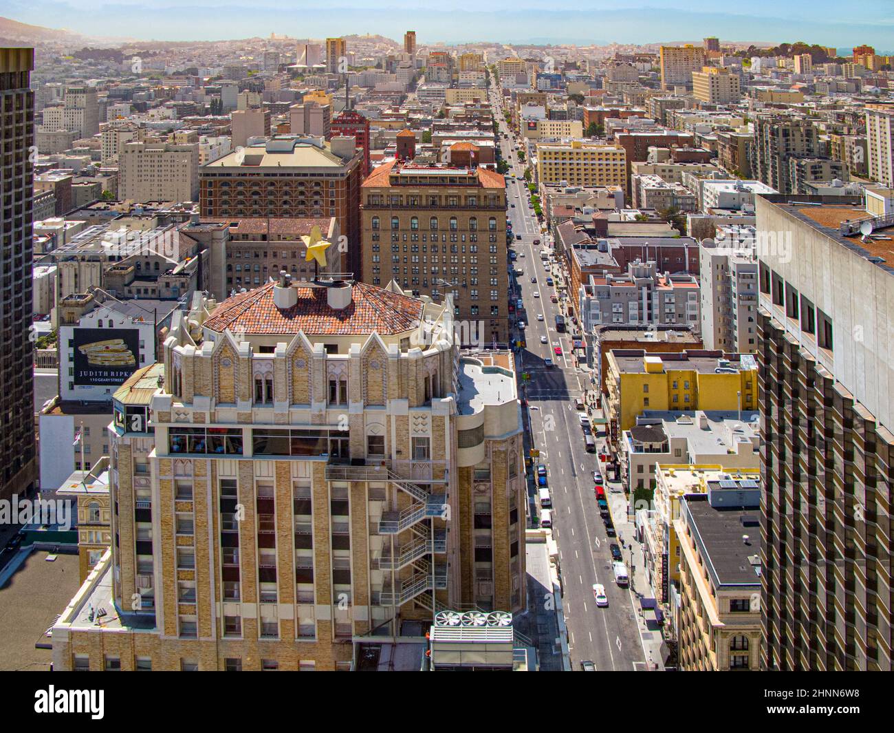 view from the rooftop to the city of San Francisco in San Francisco, USA. The city is the site of over 410 high-rises,44 of which stand taller than 400 feet Stock Photo