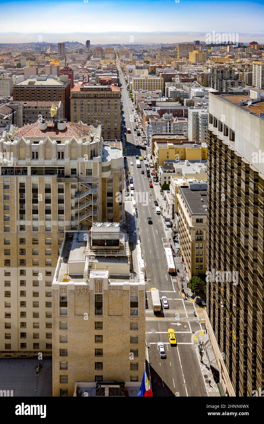 view from the rooftop to the city of San Francisco, USA. The city is the site of over 410 high-rises,44 of which stand taller than 400 feet Stock Photo