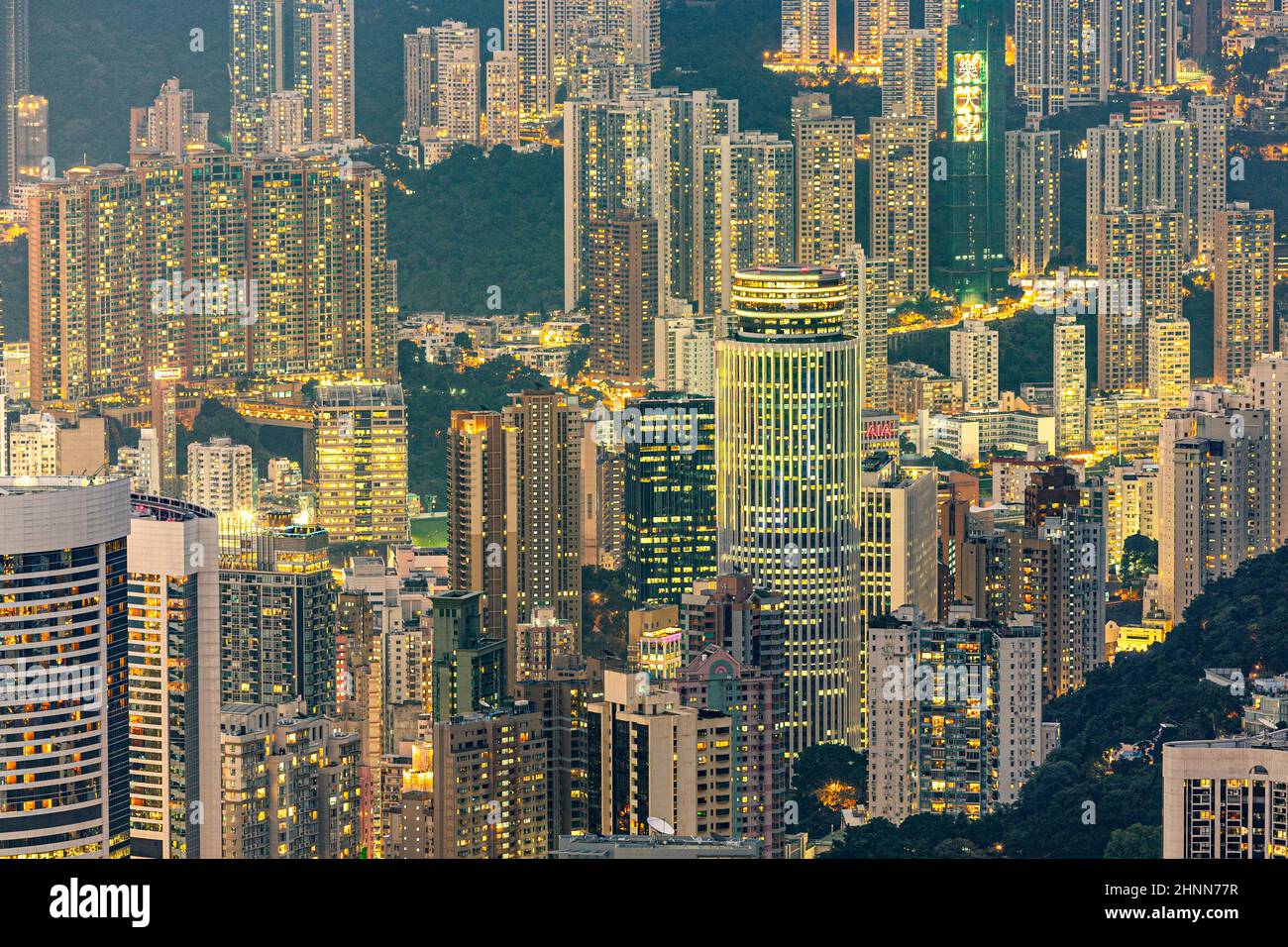 Hong Kong view from Victoria Peak to the bay and the illuminated
