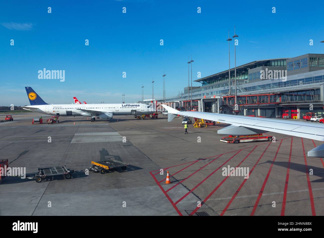 Lufthansa aircraft at new Terminal in Hamburg ready for boarding Stock