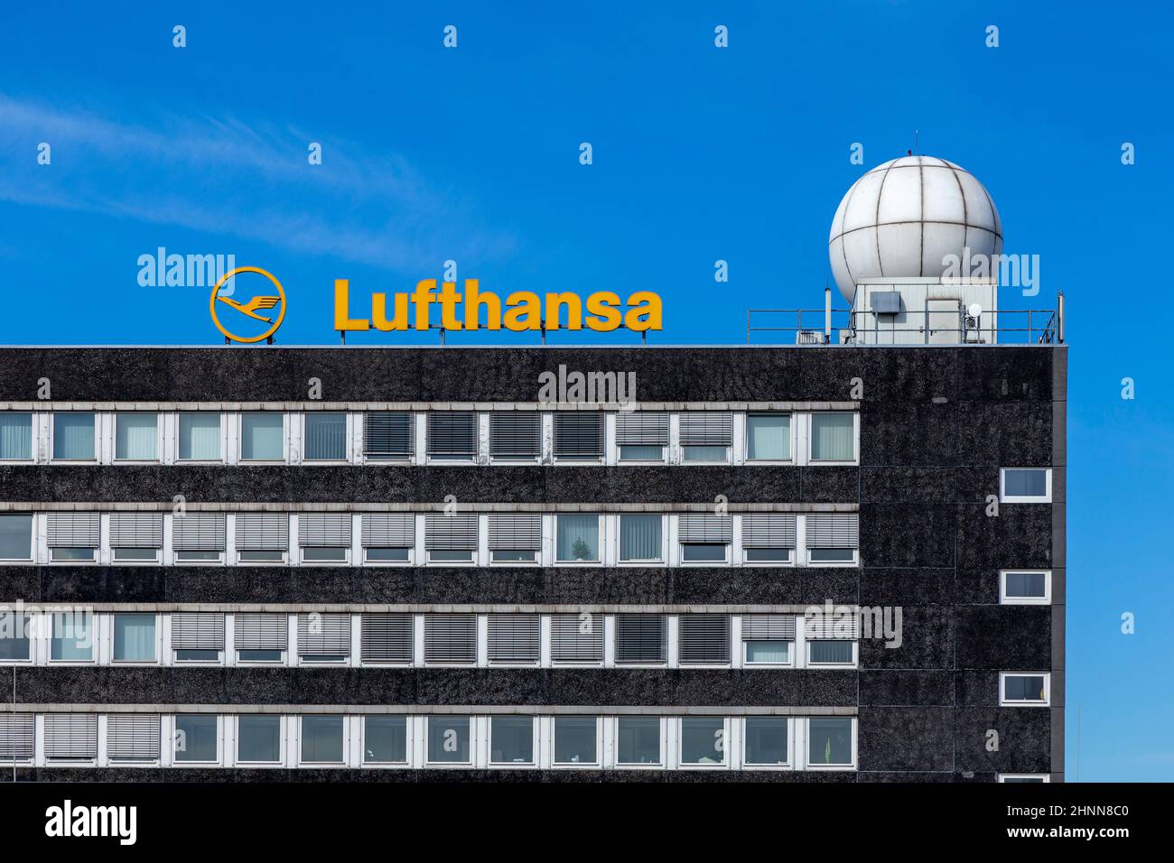 Facade of Lufthansa Technik Building in Hamburg with Lufthansa Log Stock Photo