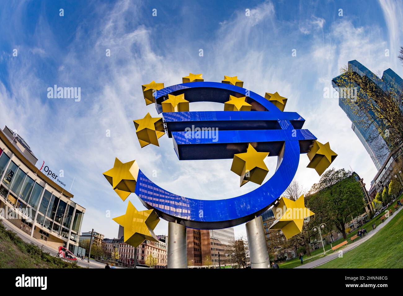 Euro Sign. European Central Bank (ECB) is the central bank for the euro and administers the monetary policy of the Eurozone in Frankfurt, Germany Stock Photo