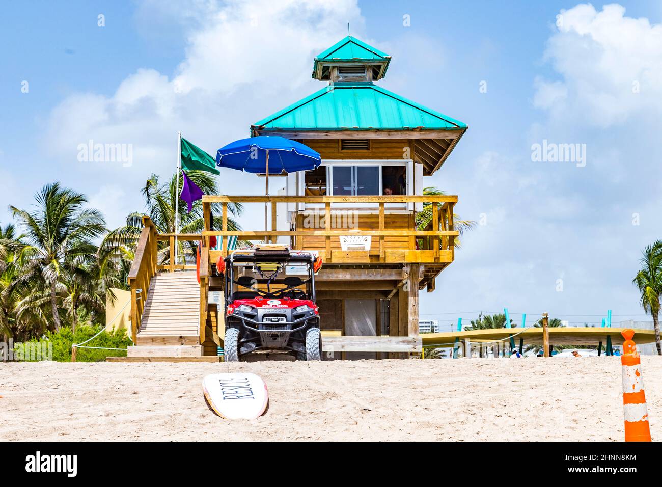 Lifeguard tower at Jade beach in Sunny Isles beach with a motor cart