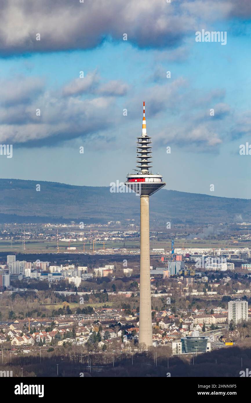 aerial of the tv tower in Frankfurt, called Ginnheimer Spargel - asparagus from Ginnheim Stock Photo