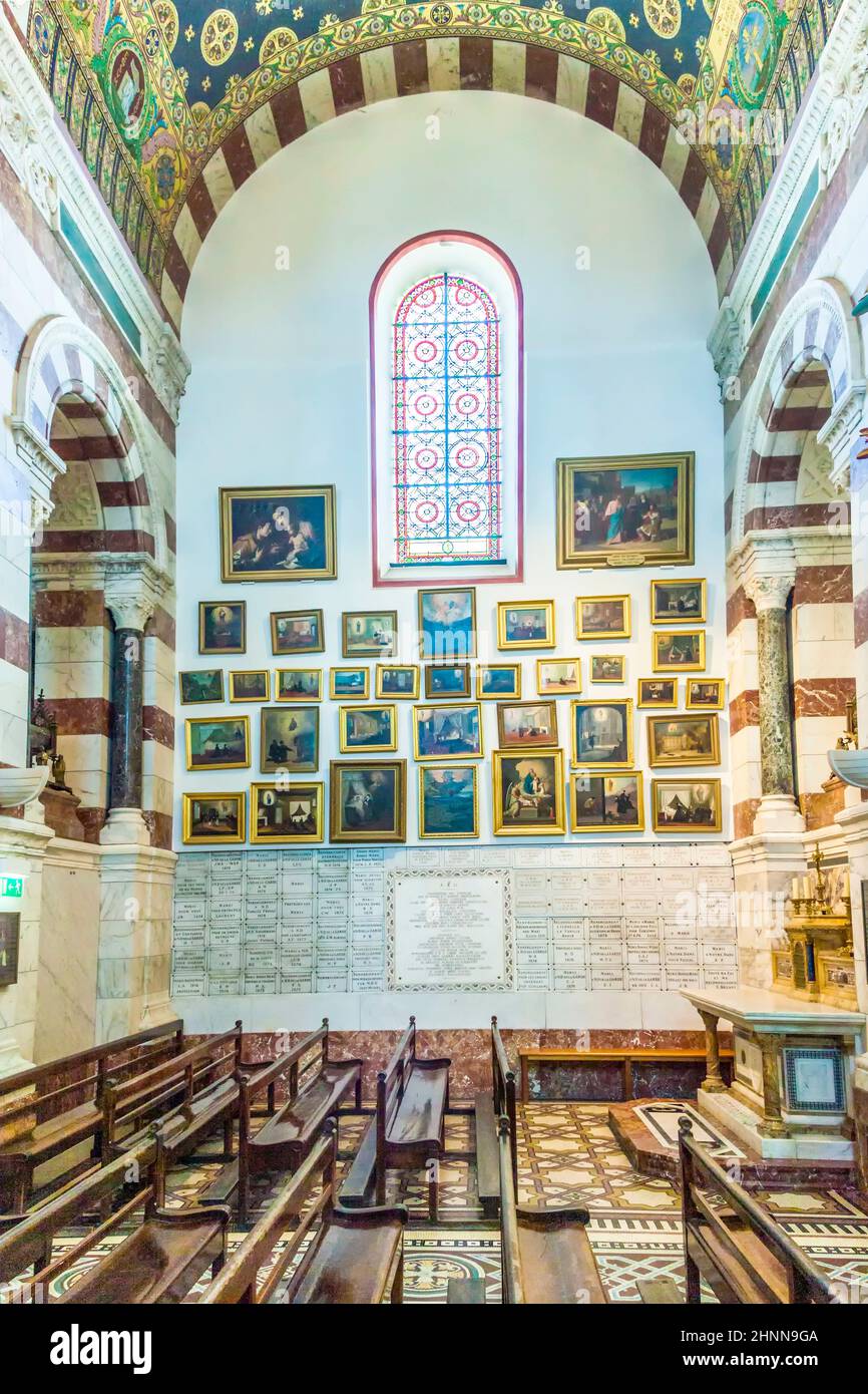 Notre-Dame de la Garde Interior in Marseilles, France. The Neo-Byzantine church was built by the architect Henri-Jacques Esperandieu on the foundations of an ancient fort. Stock Photo