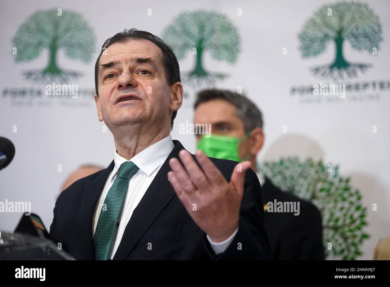 Bucharest, Romania - February 17, 2022: Ludovic Orban, the former prime minister of Romania, announces the founding of 'Force of the Right' party (For Stock Photo