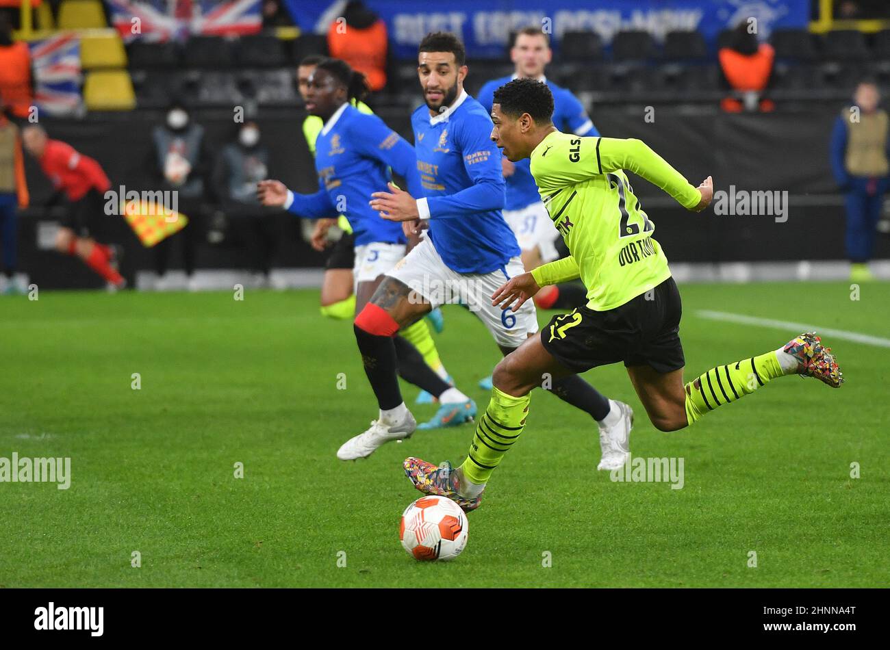 Dortmund midfielder Jude Bellingham (right) and Rangers defender Connor  Goldson during the UEFA Europa Conference League Playoff 1st Leg at the  Signal Iduna Park, Dortmund. Picture date: Thursday February 17, 2022 Stock