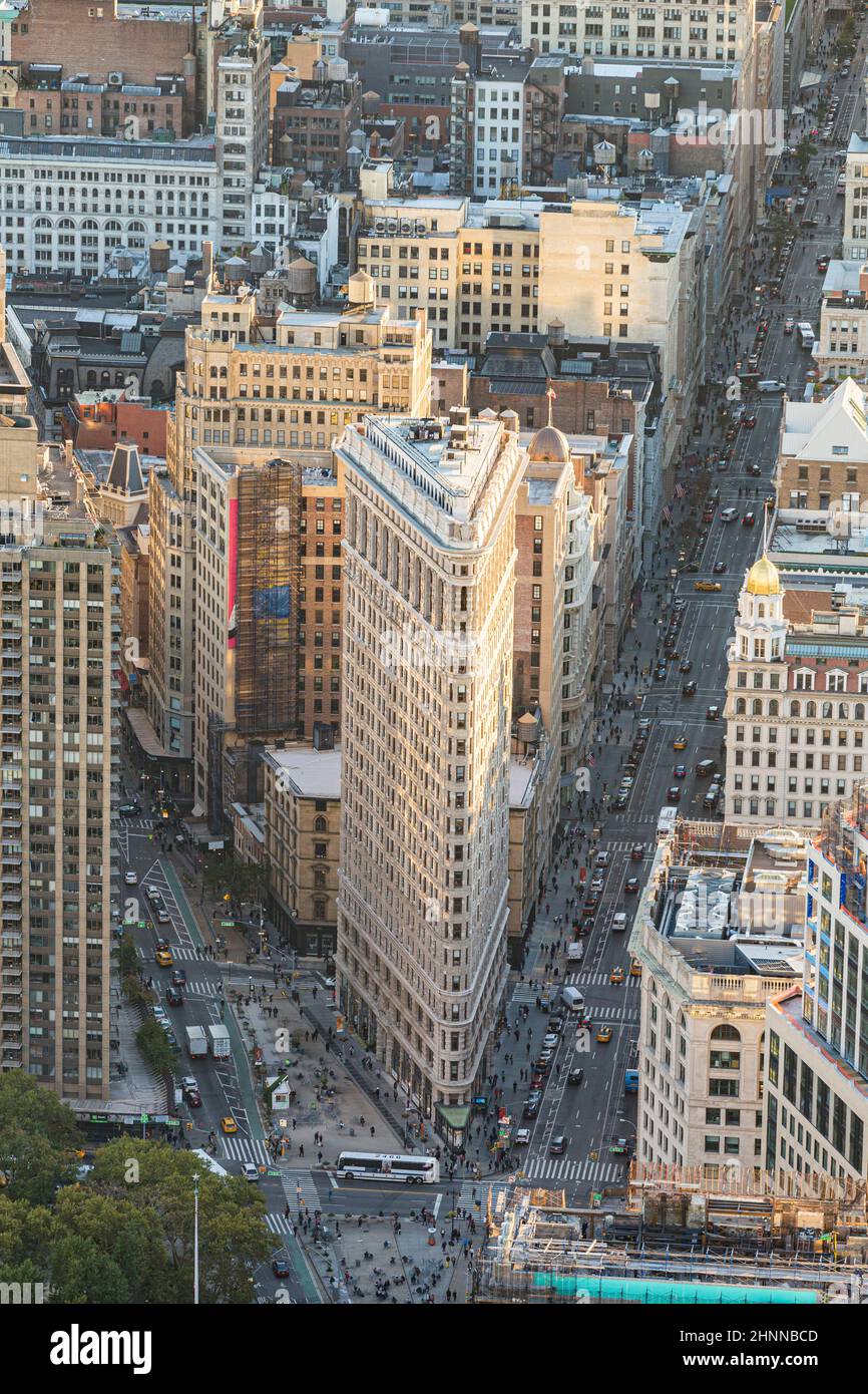 Flatiron Building (Fuller Building) in Manhattan, it is a triangular steel-framed landmarked building located at Fifth Avenue Stock Photo