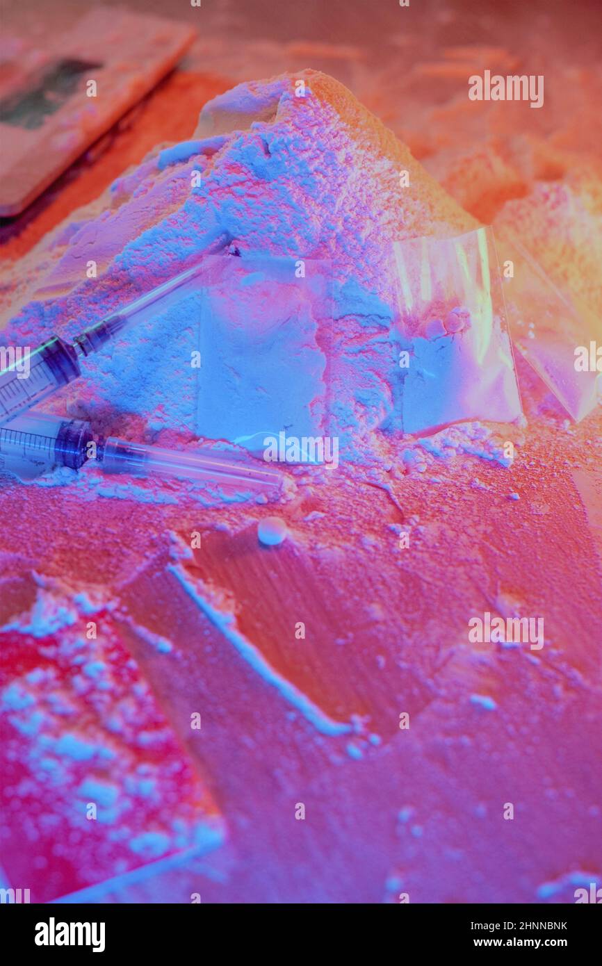 Drugs, drug dealer's house. Cocaine packaged in sachets, scales