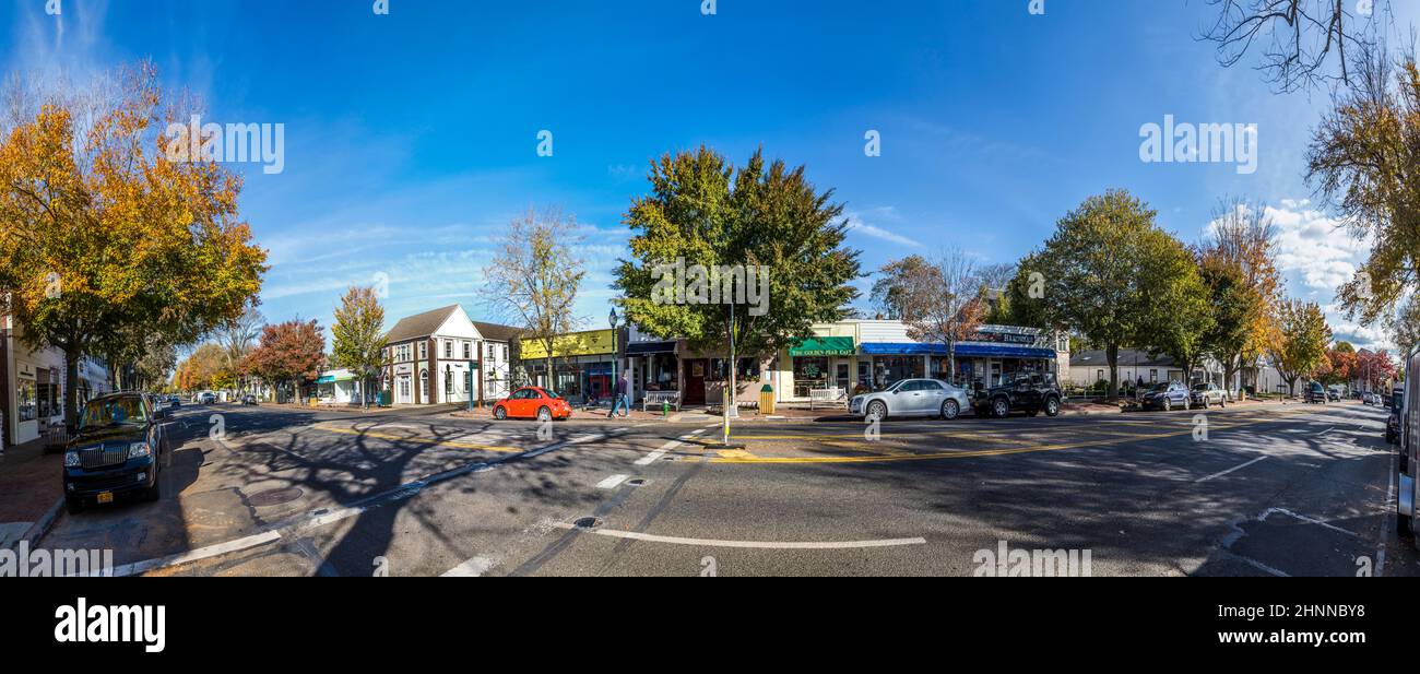 view to Main street in East Hampton with old victorian wooden building Stock Photo