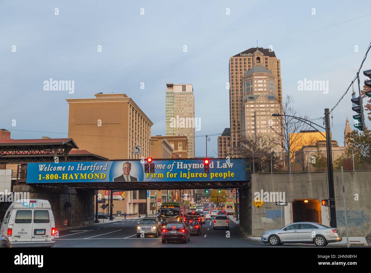 skyline of Hartford in evening sun with historic and modern skyscraper. Stock Photo