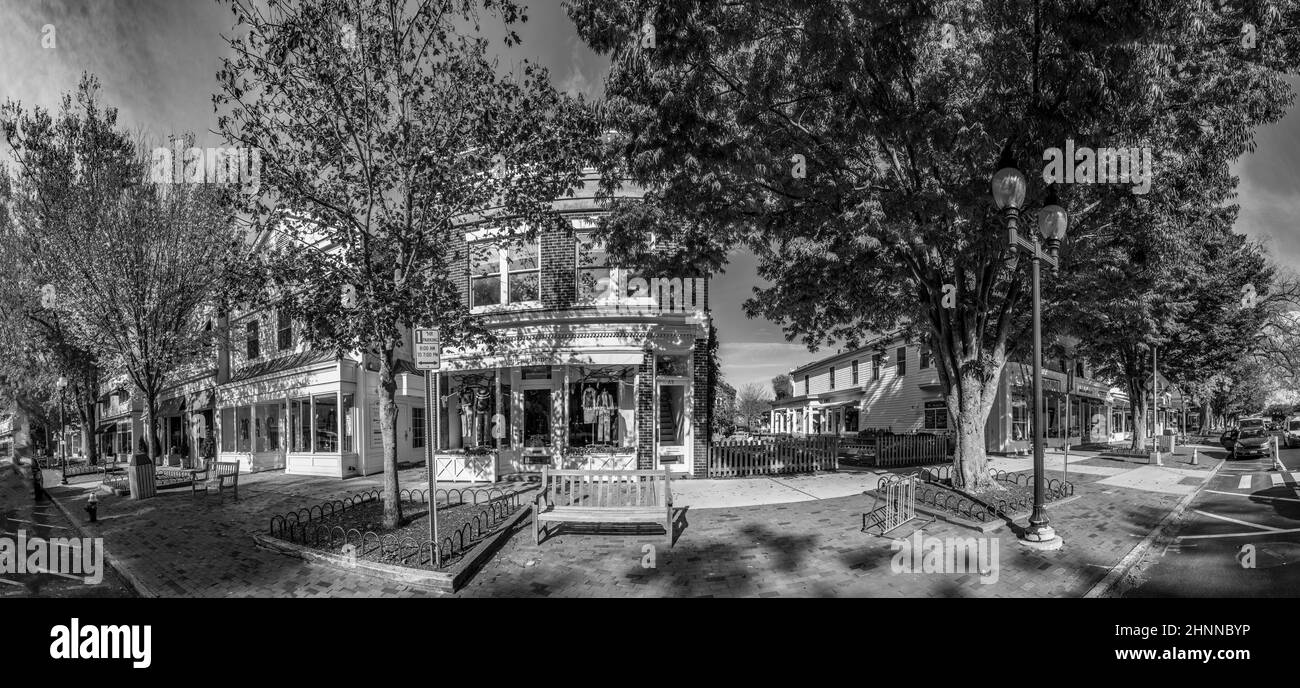 view to Main street in East Hampton with old victorian wooden building Stock Photo