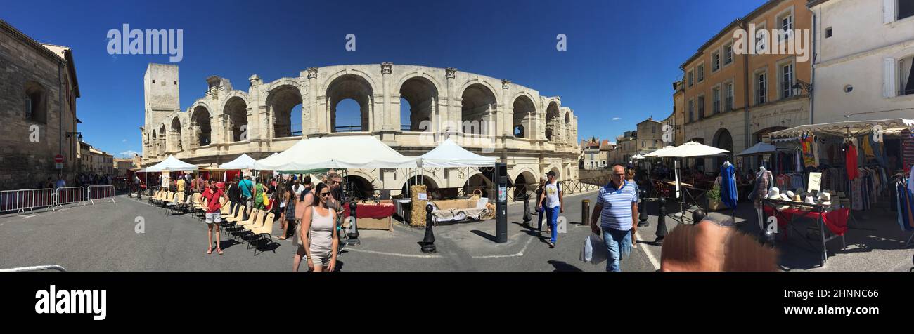 people visit old historic  roman arena   in Arles Stock Photo