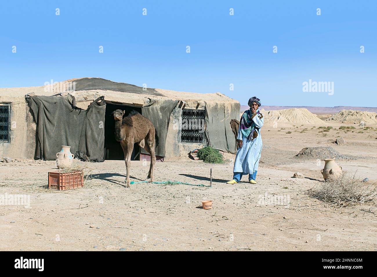 bedouin lives in his tent in the desert of Morocco with pot of water and a camel Stock Photo