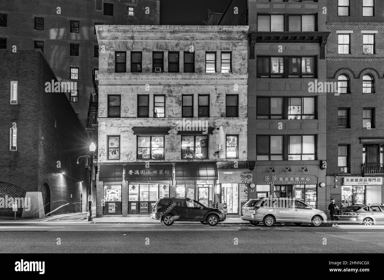 facade of old building with chinese Restaurant. Boston's colorful Chinatown is rich with history, tradition, excitement, gifts, culture, and great food and the only historic Chinatown in the New England states. Stock Photo