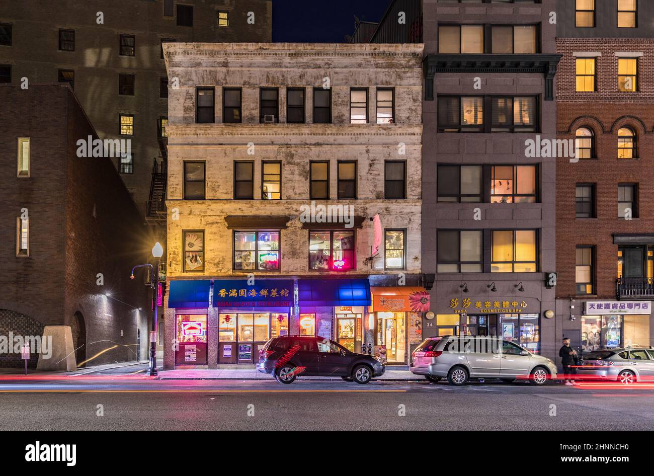facade of old building with chinese Restaurant. Boston's colorful