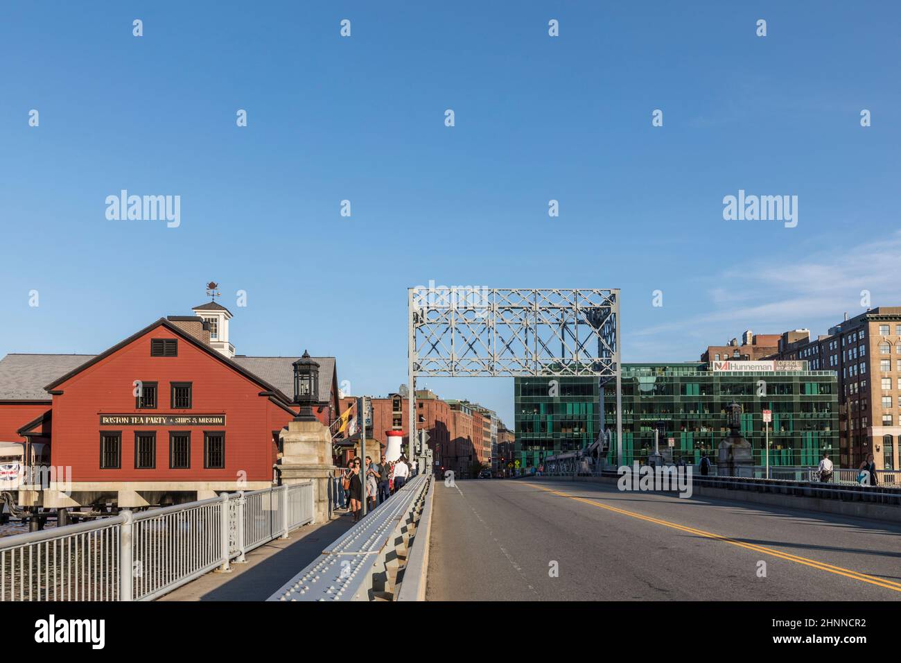 pier with historic building of the harbor site where the Boston tea party took place. in 1773 Stock Photo