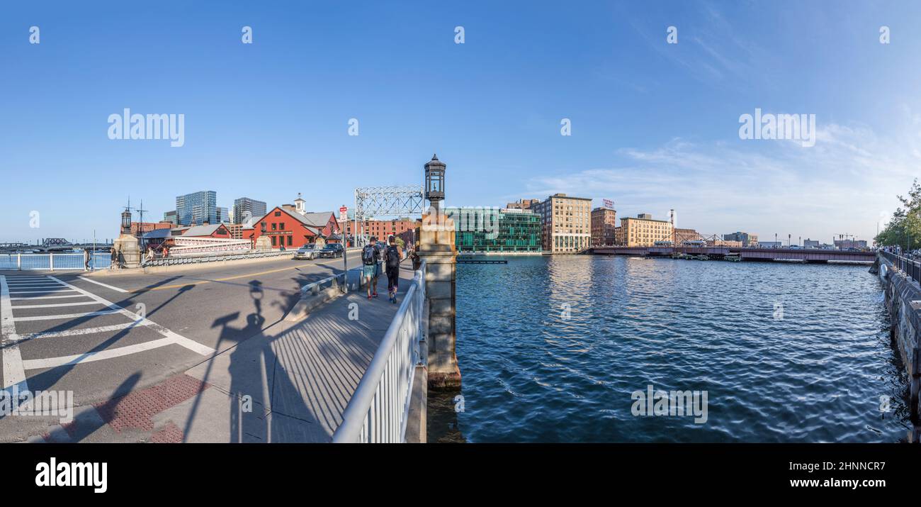 pier with historic building of the harbor site where the Boston tea party took place. The Boston Tea Party was a political protest by the Sons of Liberty on December 16, 1773 Stock Photo