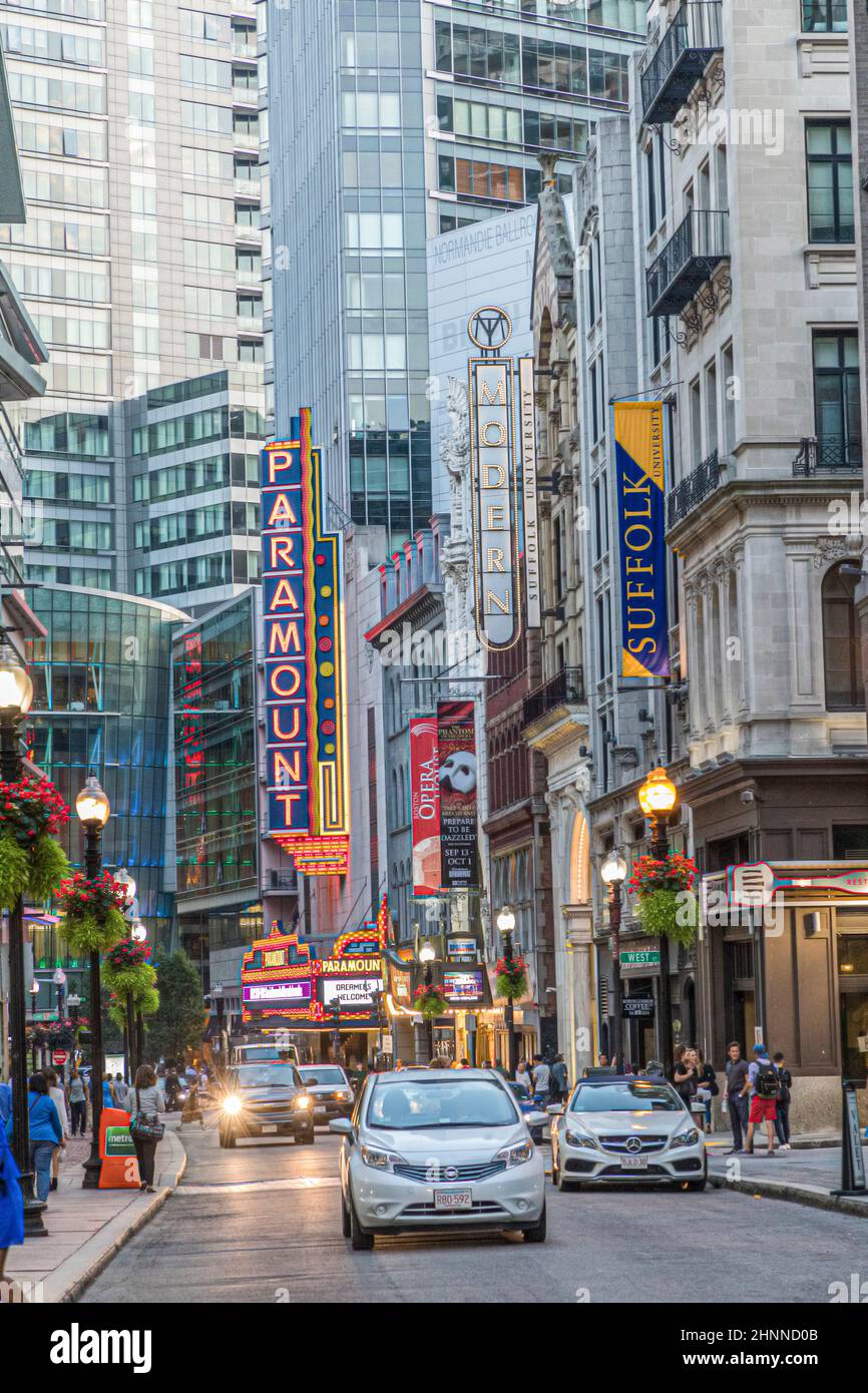 streetview downtown Boston with advertising for PARAMOUNT CINEMA AND SUFFOLK UNIVERSITY in Boston, Massachussets. Stock Photo