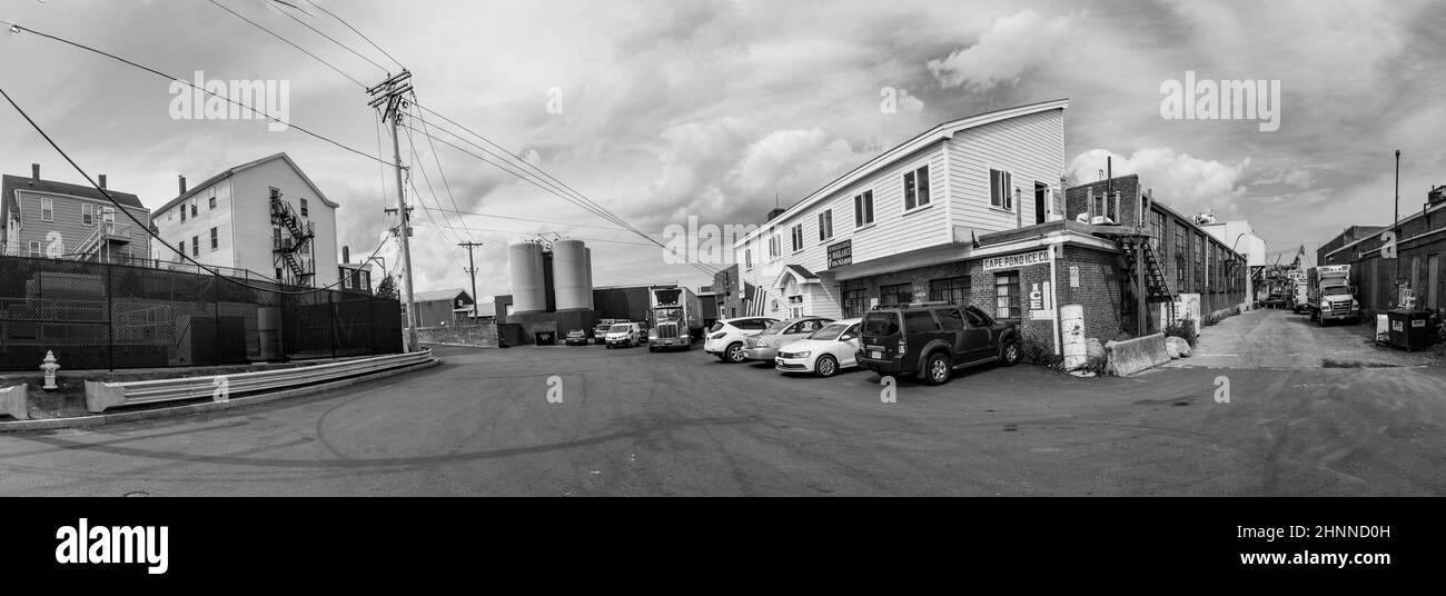 big halls in the harbor area for the lobster fishing industry in Gloucester Stock Photo