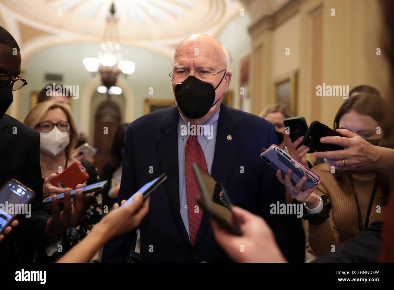 Washington, USA. 17th Feb, 2022. Sen. Patrick Leahy, D-VT, talks to reporters as he walks to the Senate Chamber at the US Capitol on February 17, 2022 in Washington, DC. (Photo by Oliver Contreras/SIPA USA) Credit: Sipa USA/Alamy Live News Stock Photo