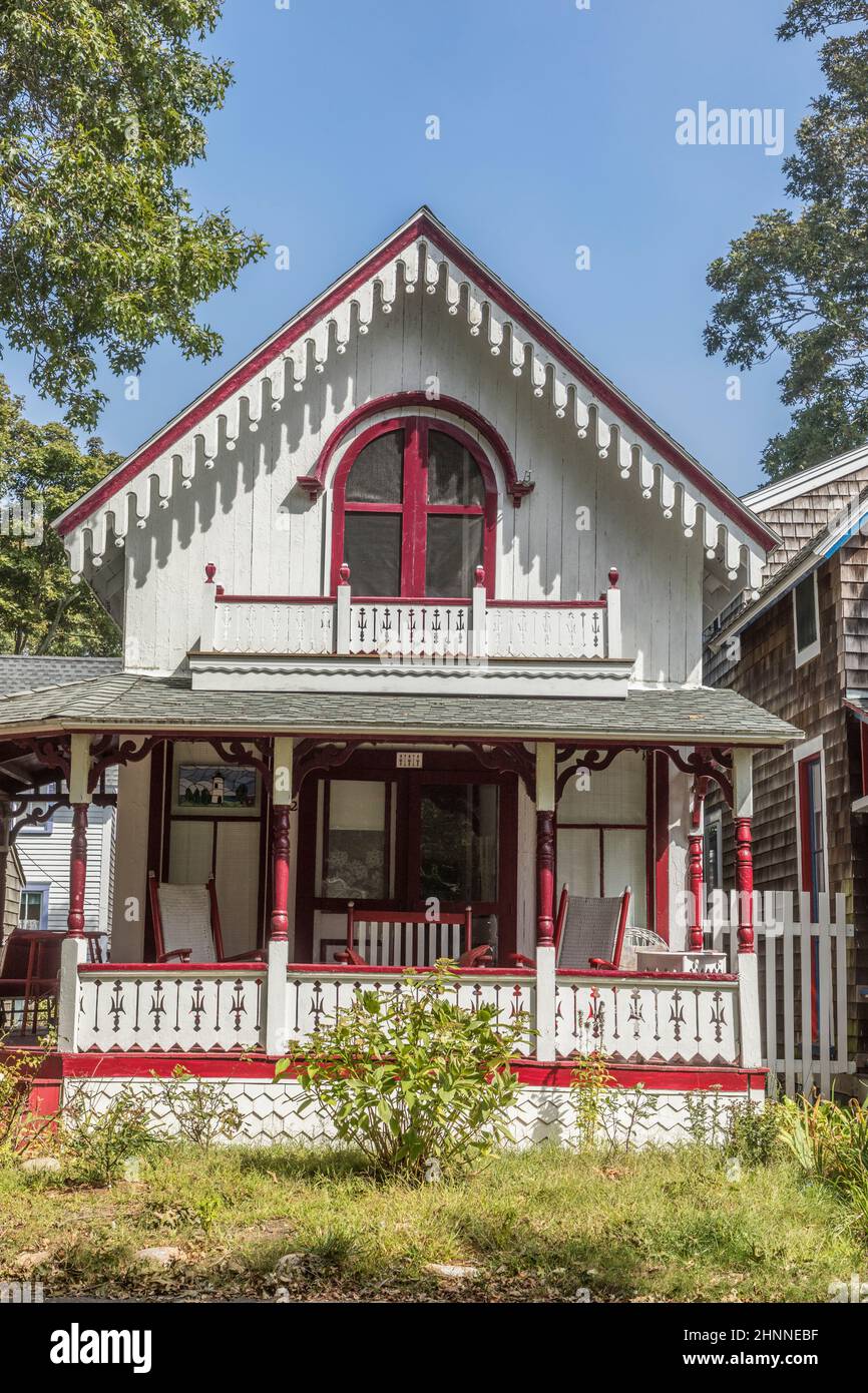 Carpenters Cottages called gingerbread houses  on Lake Avenue, Oak Bluffs on Martha's Vineyard, Massachusetts, USA Stock Photo