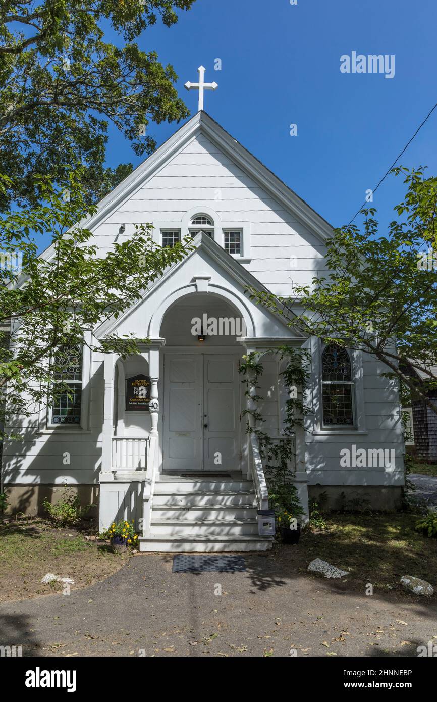 wooden church near gingerbread houses on Lake Avenue, Oak Bluffs on