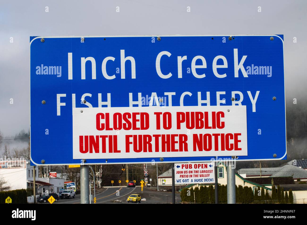 Inch Creek Fish Hatchery sign, Mission, British Columbia, Canada Stock Photo