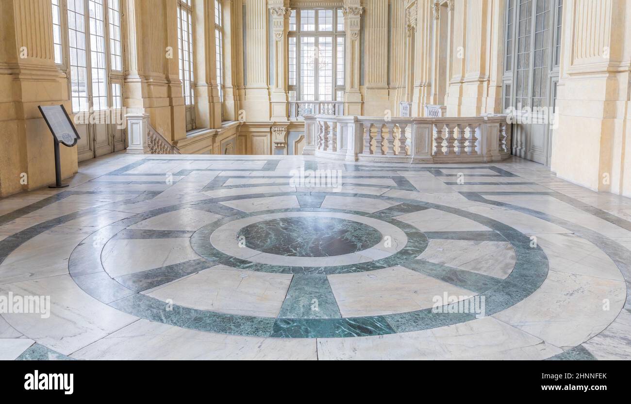 The most beautiful Baroque hall of Europe located in Madama Palace (Palazzo Madama), Turin, Italy. Interior with luxury marbles, windows and corridors. Stock Photo