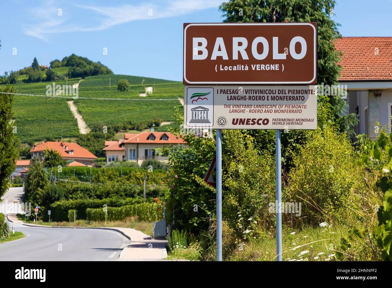 Barolo village road sign, Unesco site, Italy Stock Photo