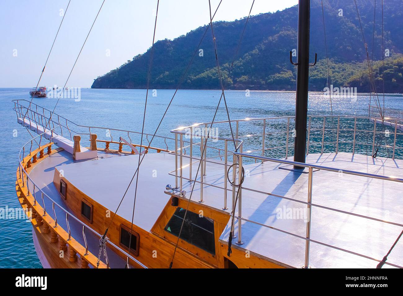 Yacht on the shore of the cozy bay of Adrasan, near Antalya and Kemer, Turkey Stock Photo