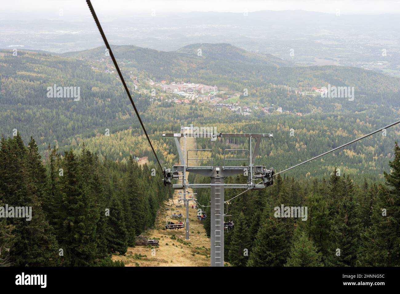 Cable car in the autumn mountains. Karpacz. Poland. Stock Photo